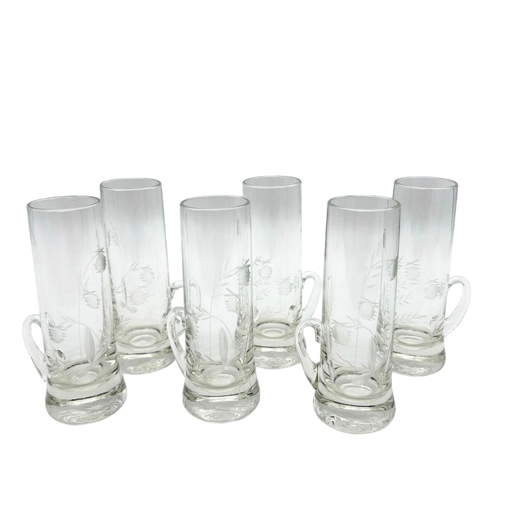 Vintage‎ Etched Crystal Cordial Glasses - Set of 6 Thistle & Wheat Liqueur Cups